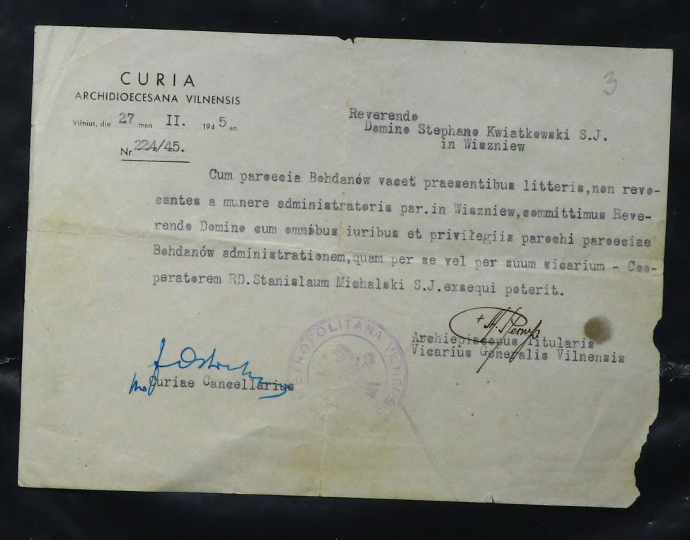 Распараджэнне Віленскай курыі ад 27 лістапада 1945 года аб наданні права пробашчу Вішнеўскага касцёла выконваць функцыю адміністратара Багданаўскай парафіі